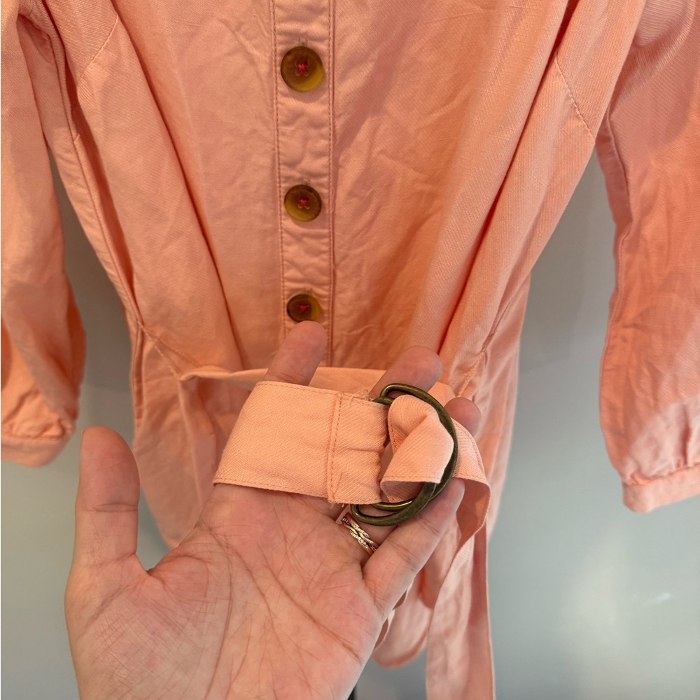 Anthropologie Maeve Belted Blouse Linen Blend Off Shoulder Button Pink US Size 4 - Picture 7 of 9